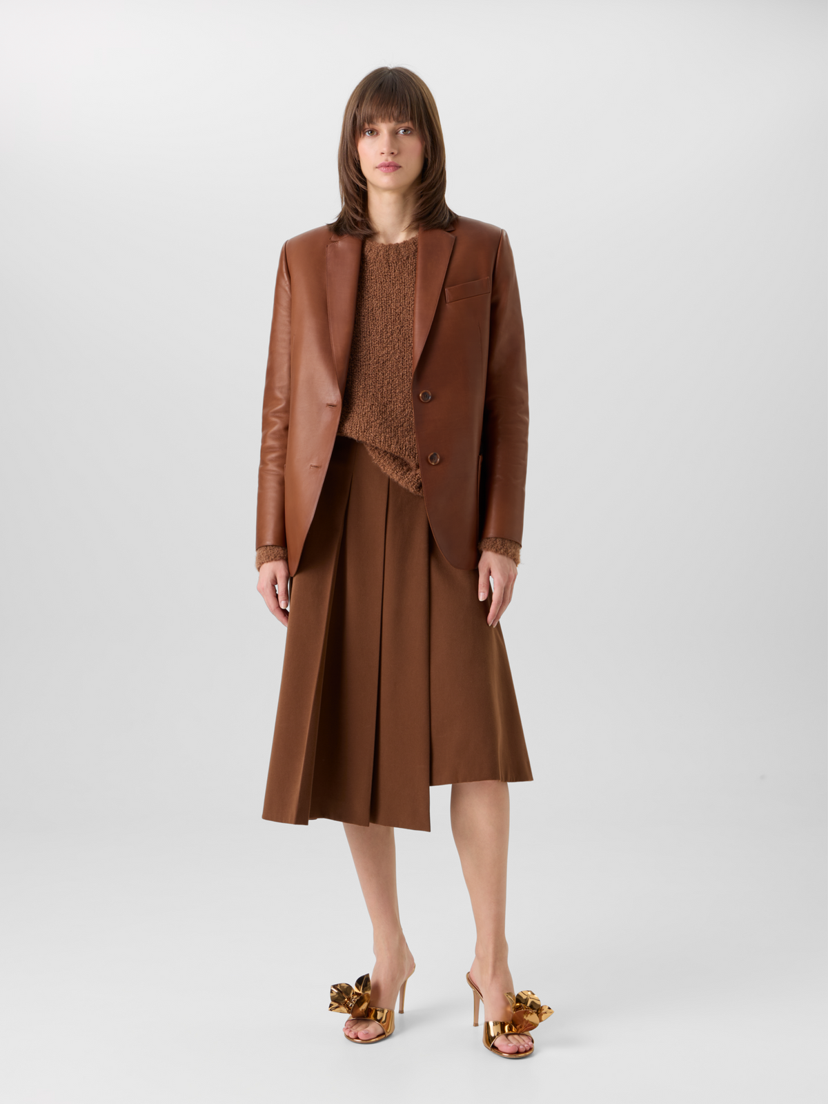 Designer Relaxed Single-Breasted Nappa Leather Blazer - brown 