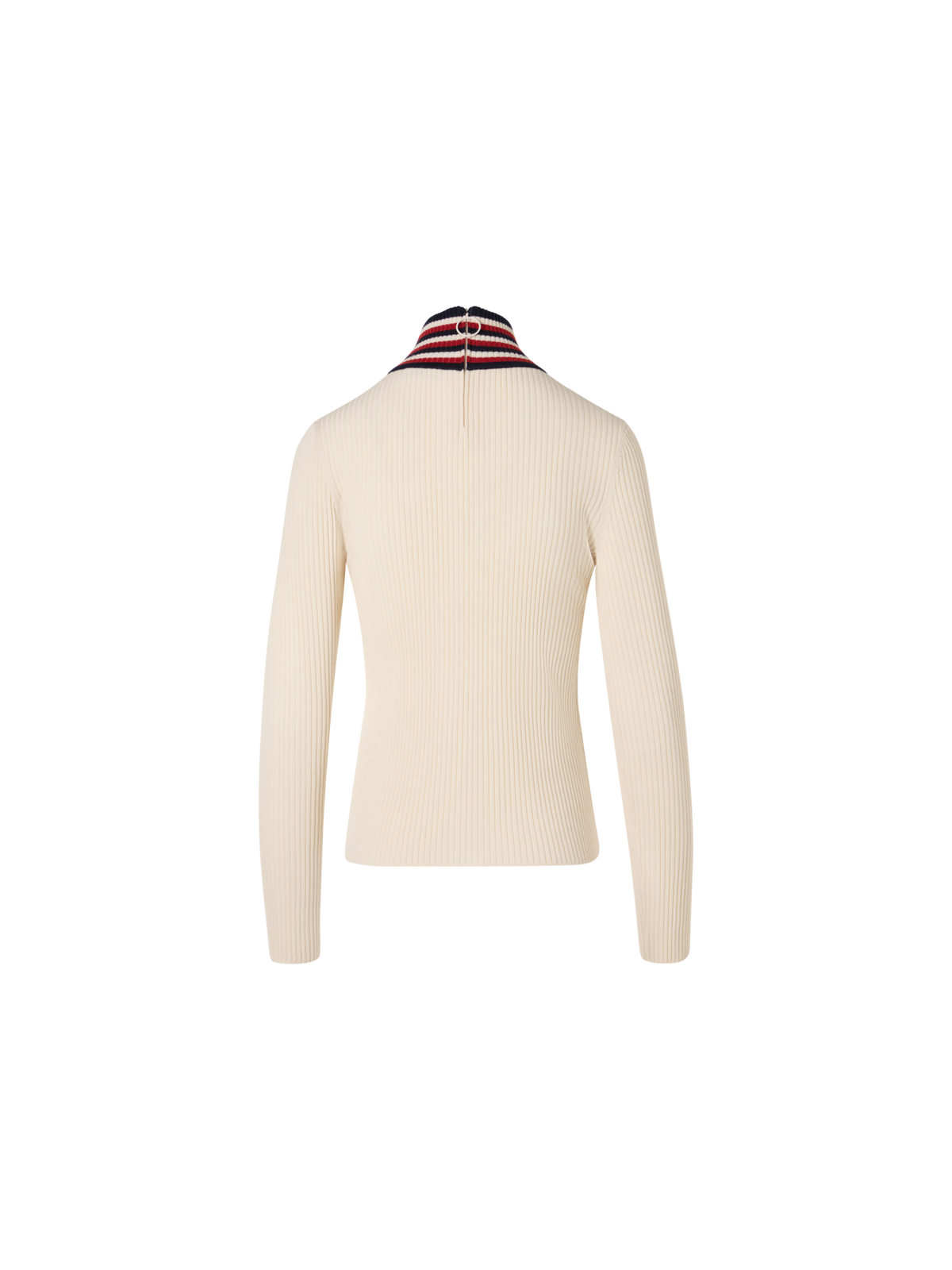 Designer Ribbed Wool Sweater with Striped Collar - ecru