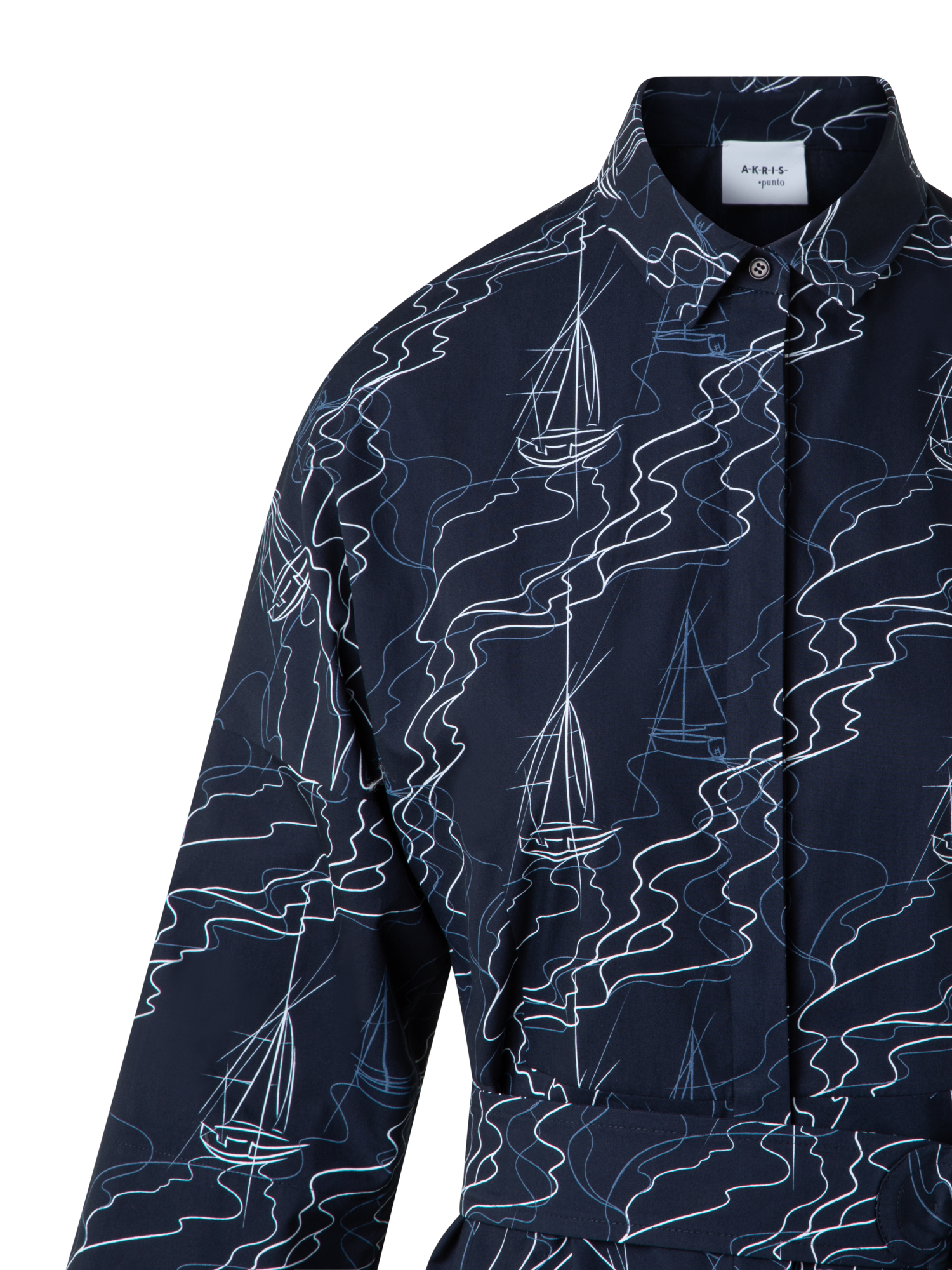 Designer Midi Shirt Dress in Cotton with Sailboat Print - navy - blue - multicolor