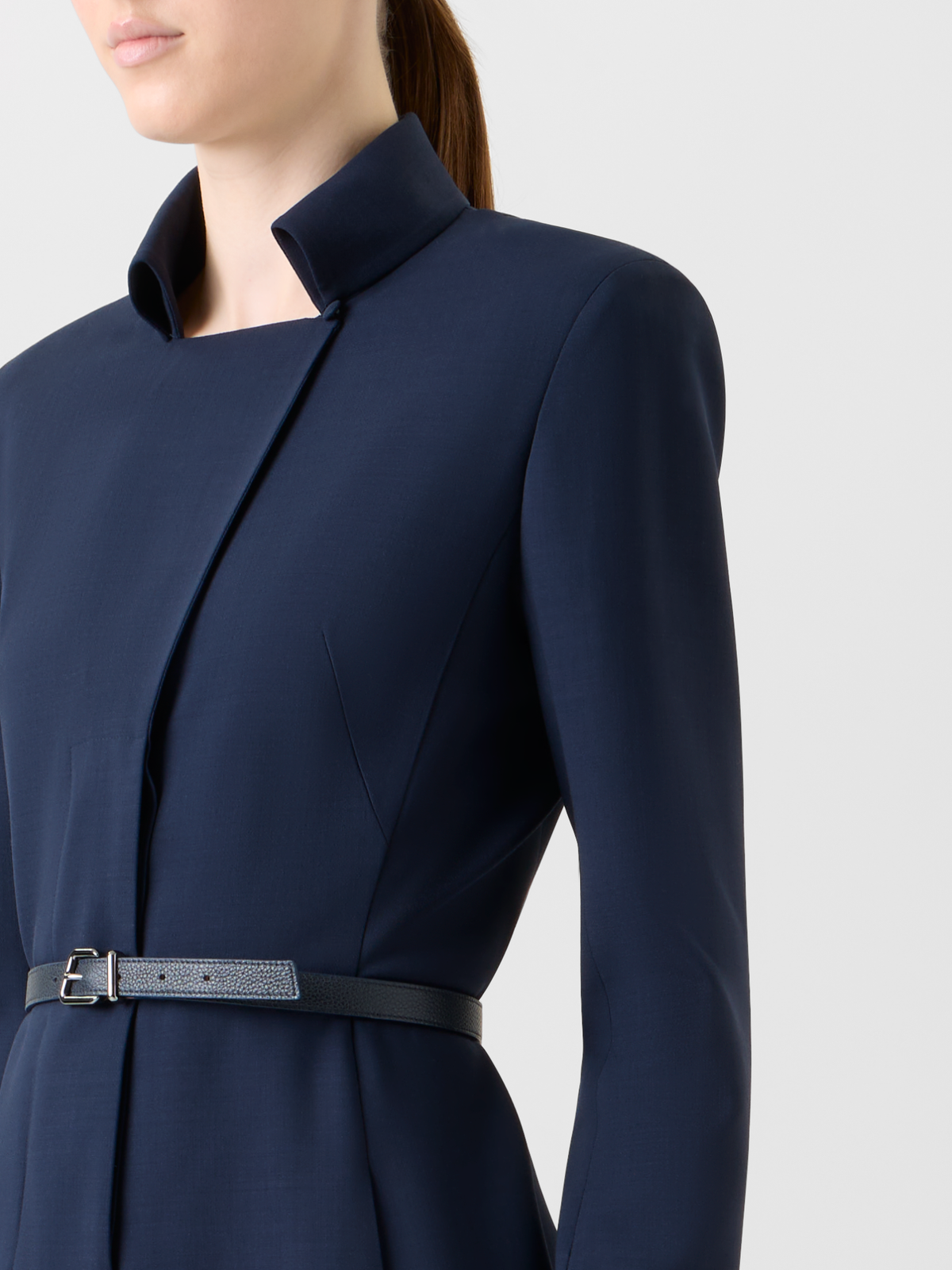 Designer Belted Wool Double-Face Midi Shirt Dress - neutral - navy - blue #editorial