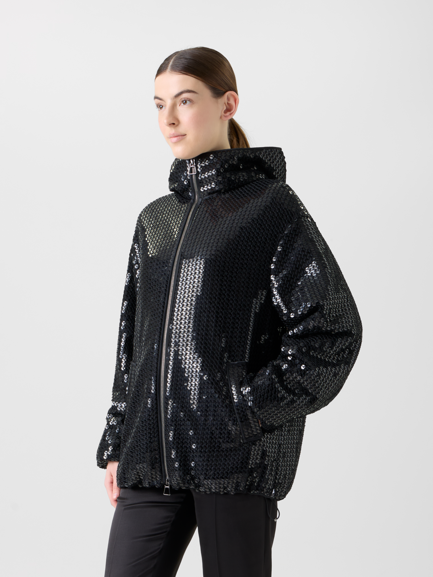 Designer Sequin Chiffon Hooded Parka - black - neutral 