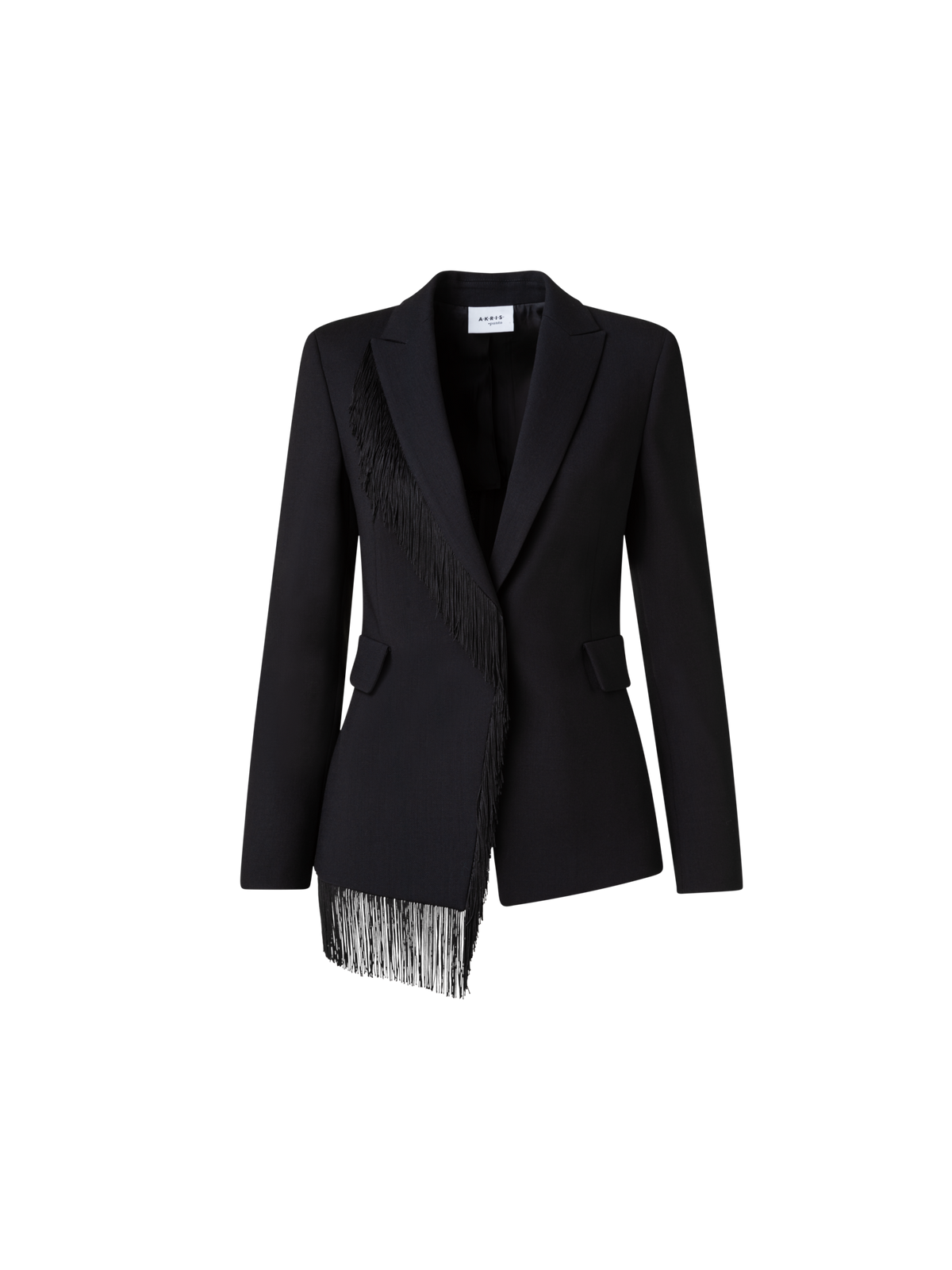 Designer Wool Stretch Crêpe Jacket with Fringes - black