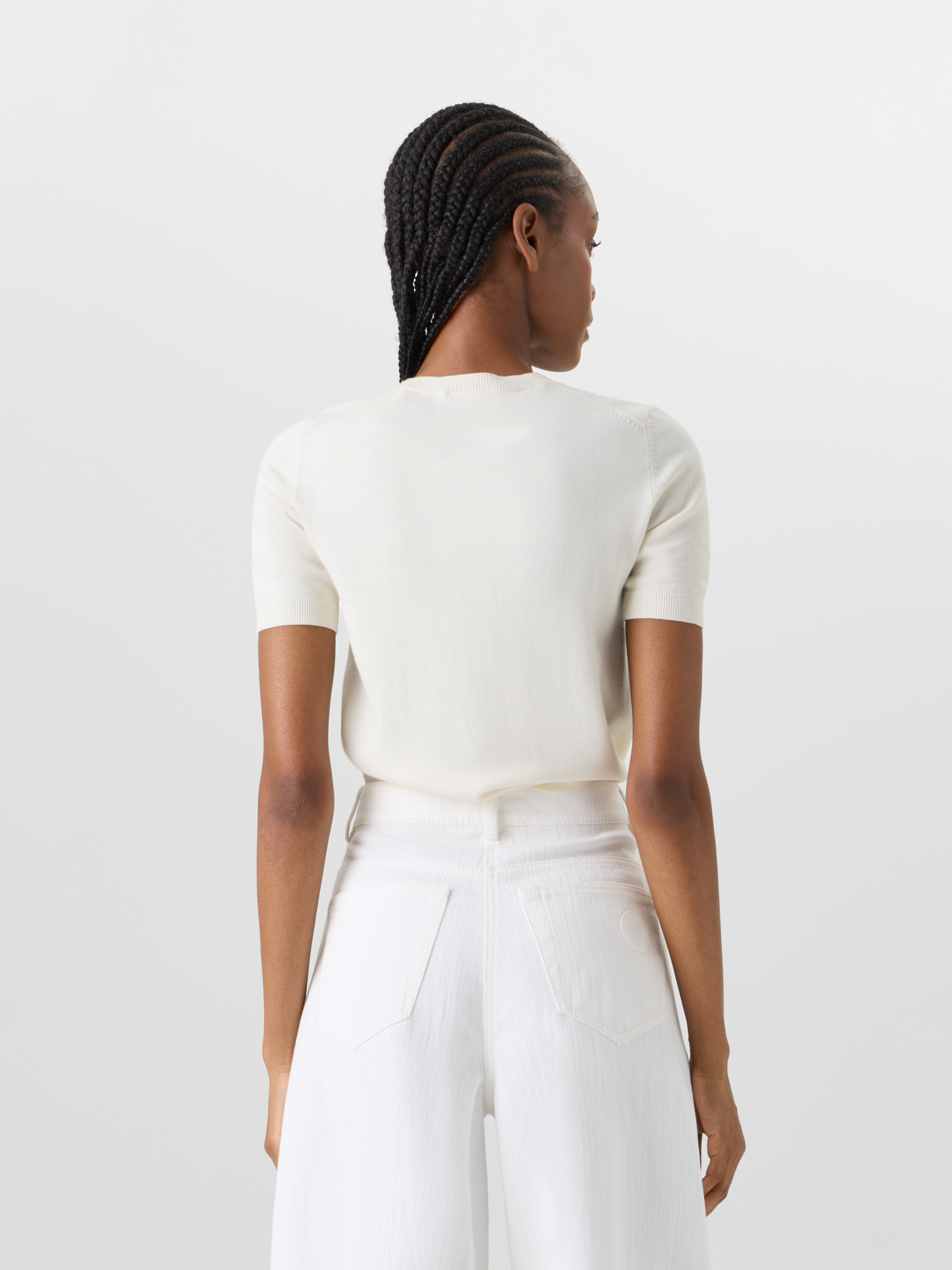 Designer Short-Sleeve Merino Wool Knit Sweater - ecru 