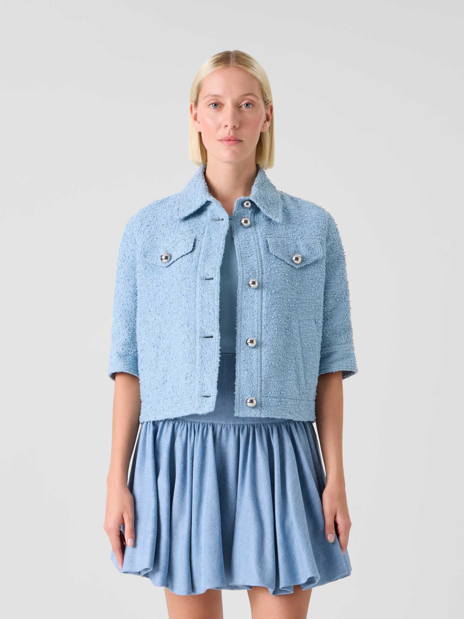 Designer Short Bouclé Cotton Summer Jacket - blue