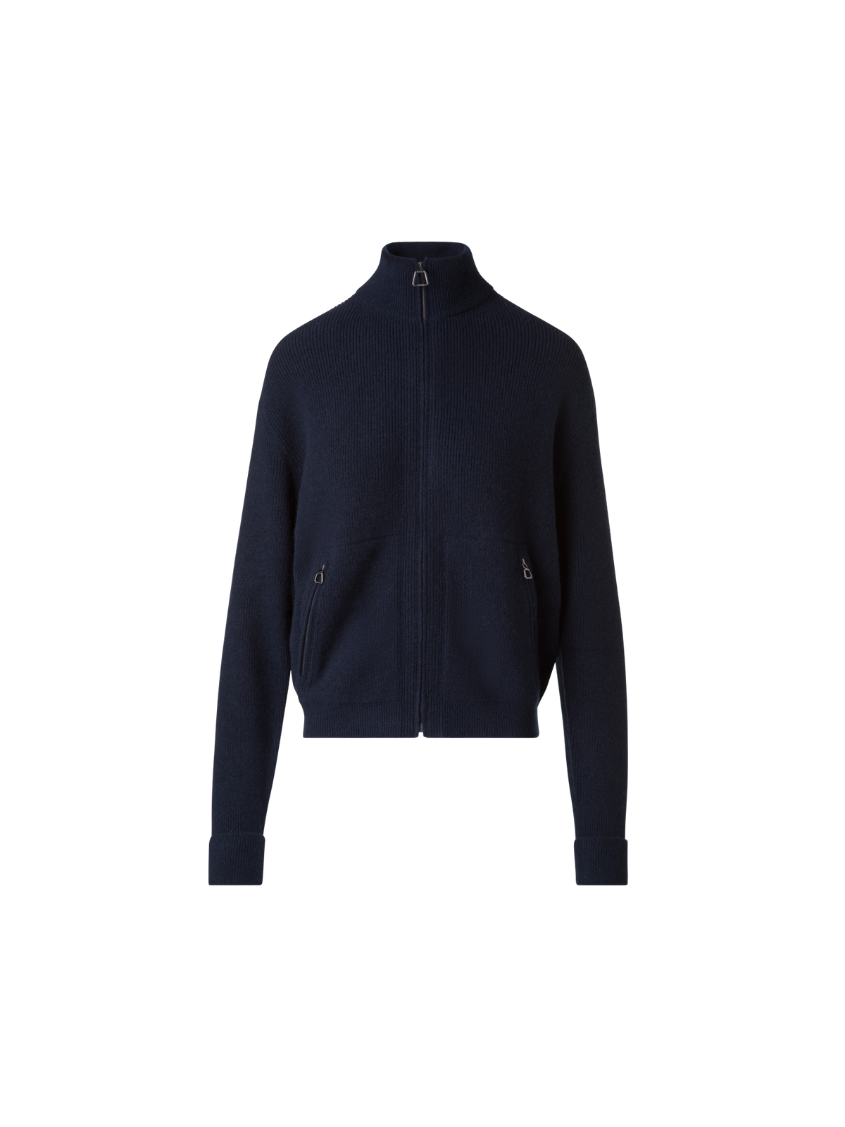 Designer Ribbed Zip Cardigan in Cashmere Knit - navy - blue