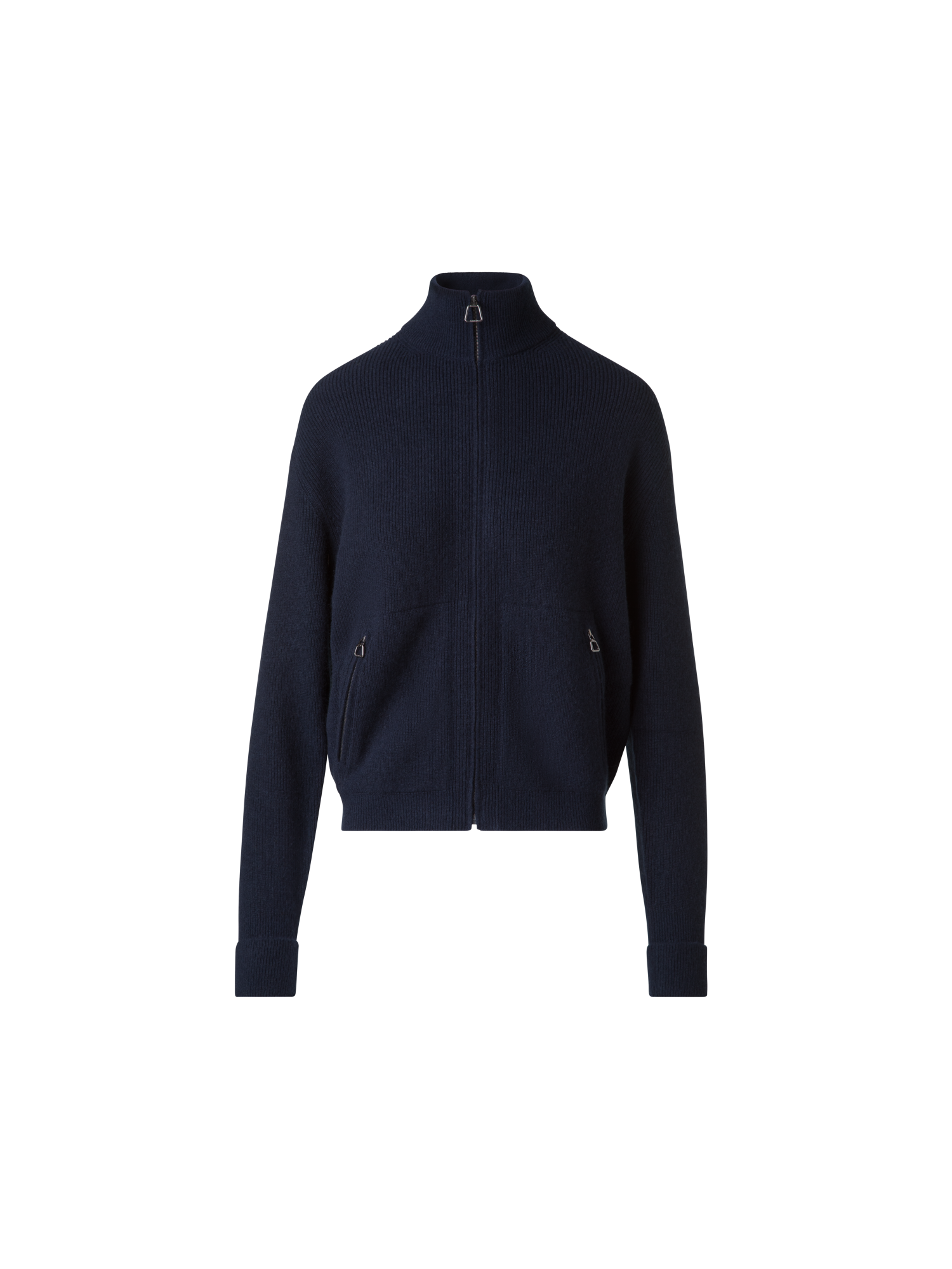 Designer Ribbed Zip Cardigan in Cashmere Knit - navy - blue