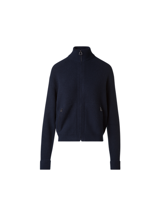 Designer Ribbed Zip Cardigan in Cashmere Knit - navy - blue