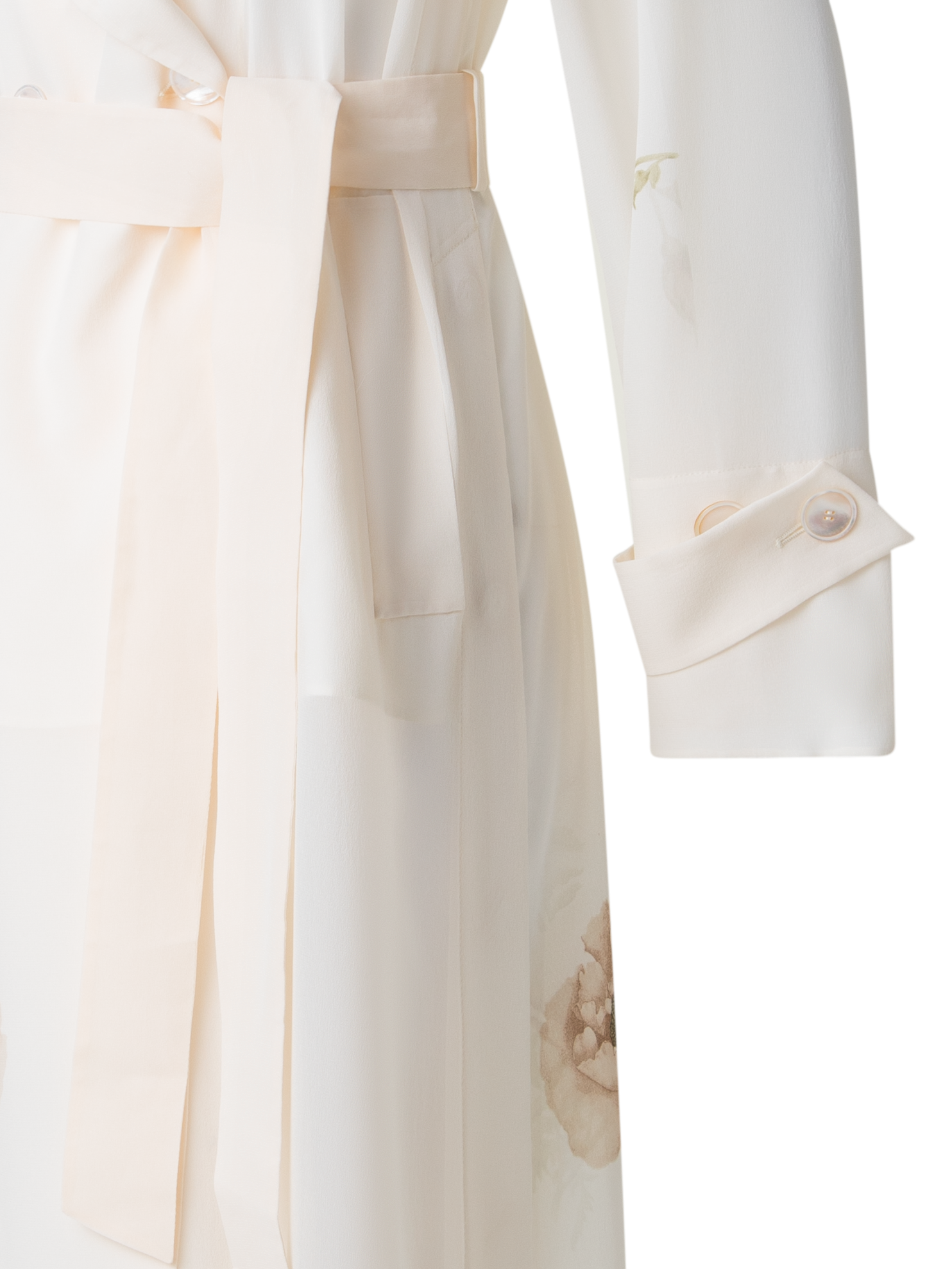Designer Silk Trench Coat with Anemone Print  - neutral - pastel - multicolor - ecru - white