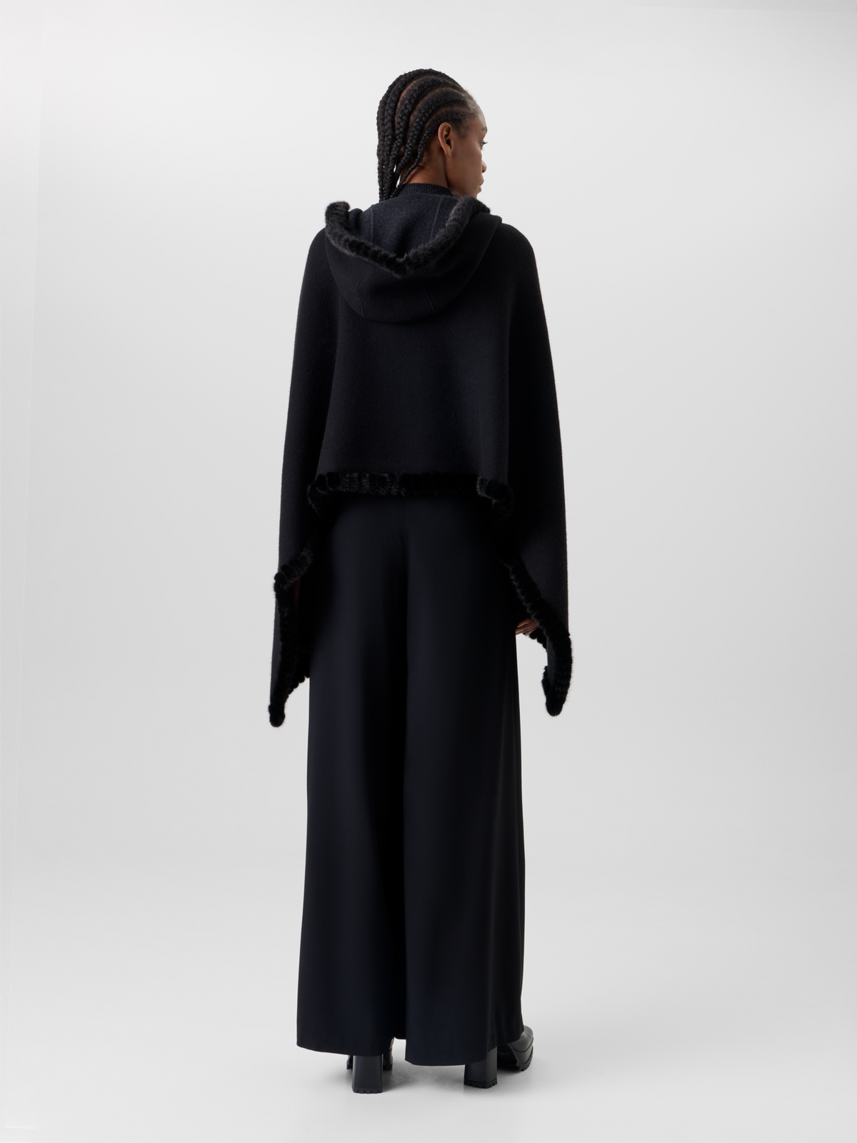 Designer Reversible Hooded Cashmere Cape with Mink Trim - grey - black #editorial
