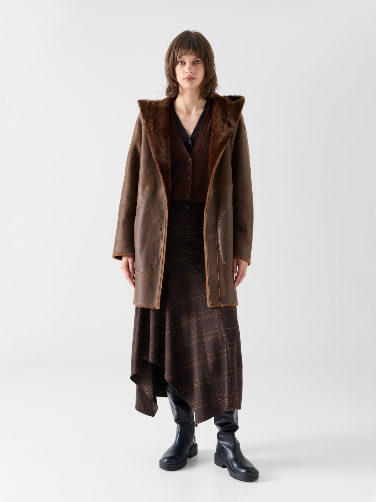 Designer Oversize Reversible Lamb Fur Parka with Hood - brown 