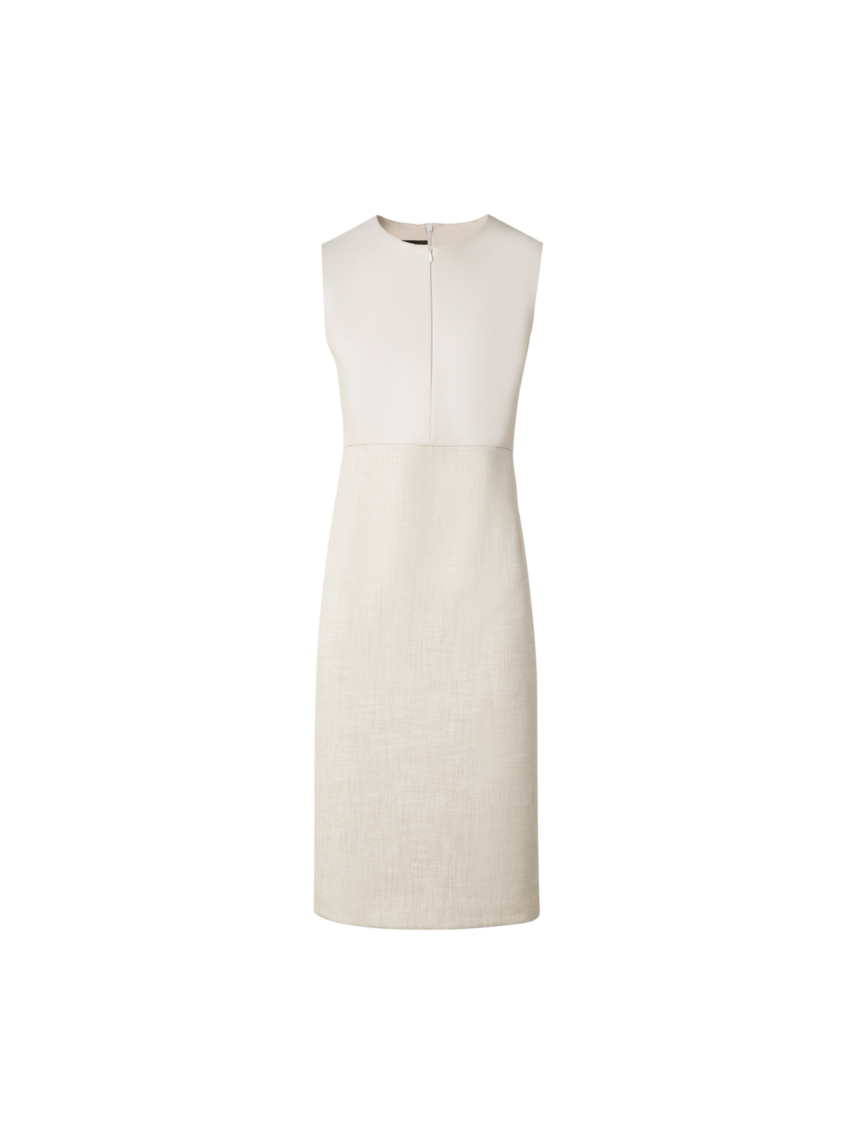 Designer Sheath Dress in Cotton Denim with Leather Skirt - neutral - ecru - white