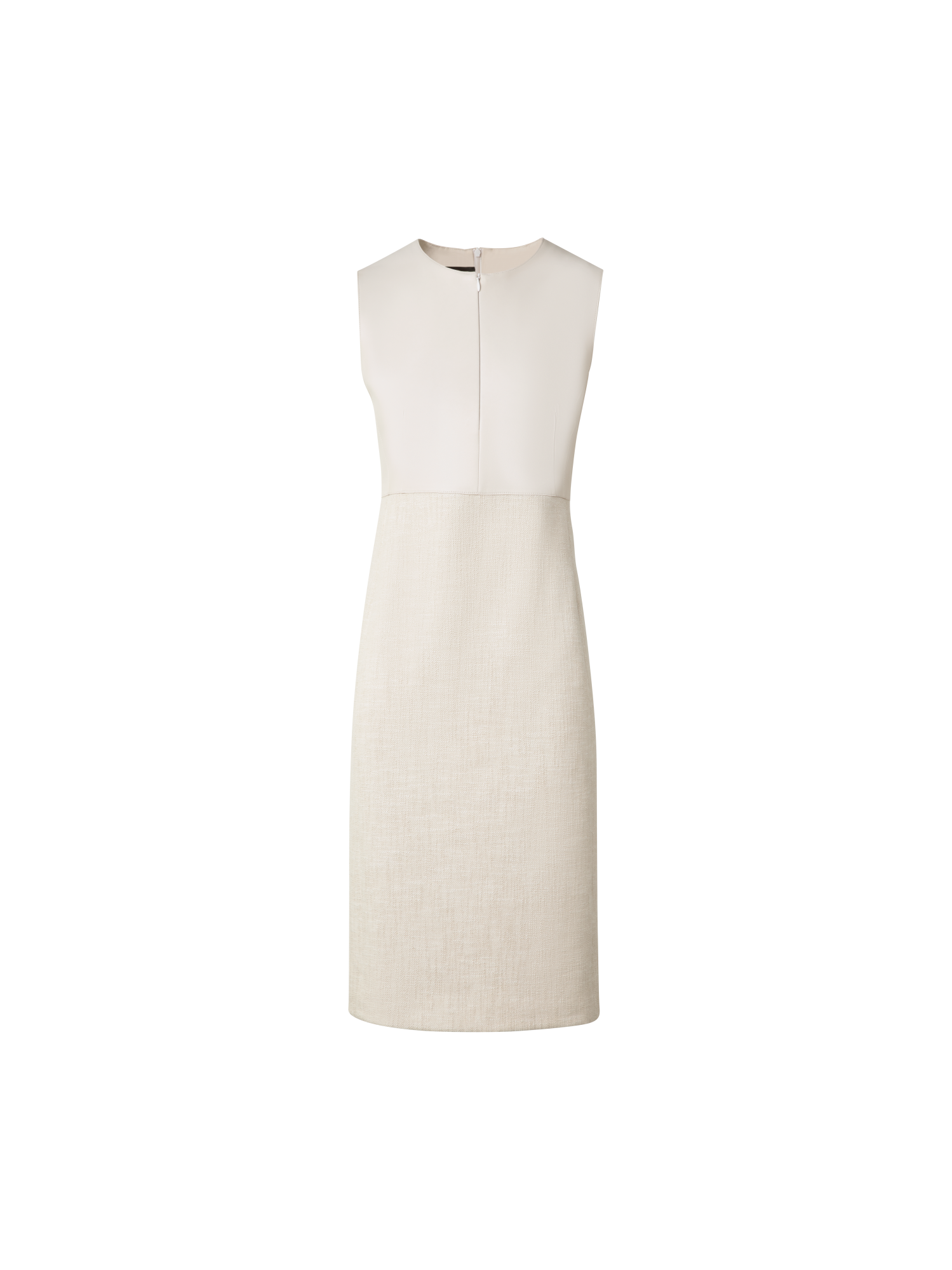 Designer Sheath Dress in Cotton Denim with Leather Skirt - neutral - ecru - white