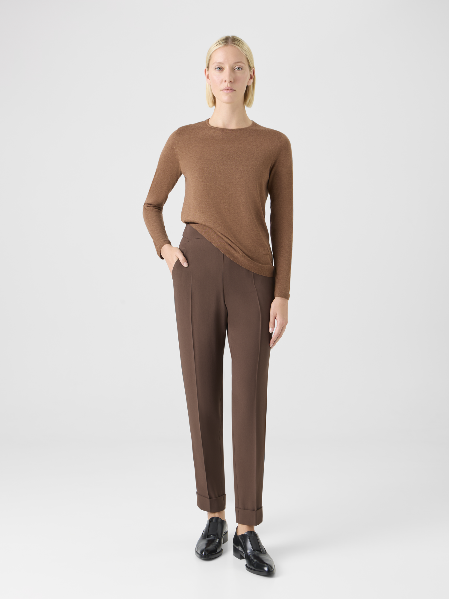 Designer Tapered Ankle Length Pants with Elastic Waist - brown 