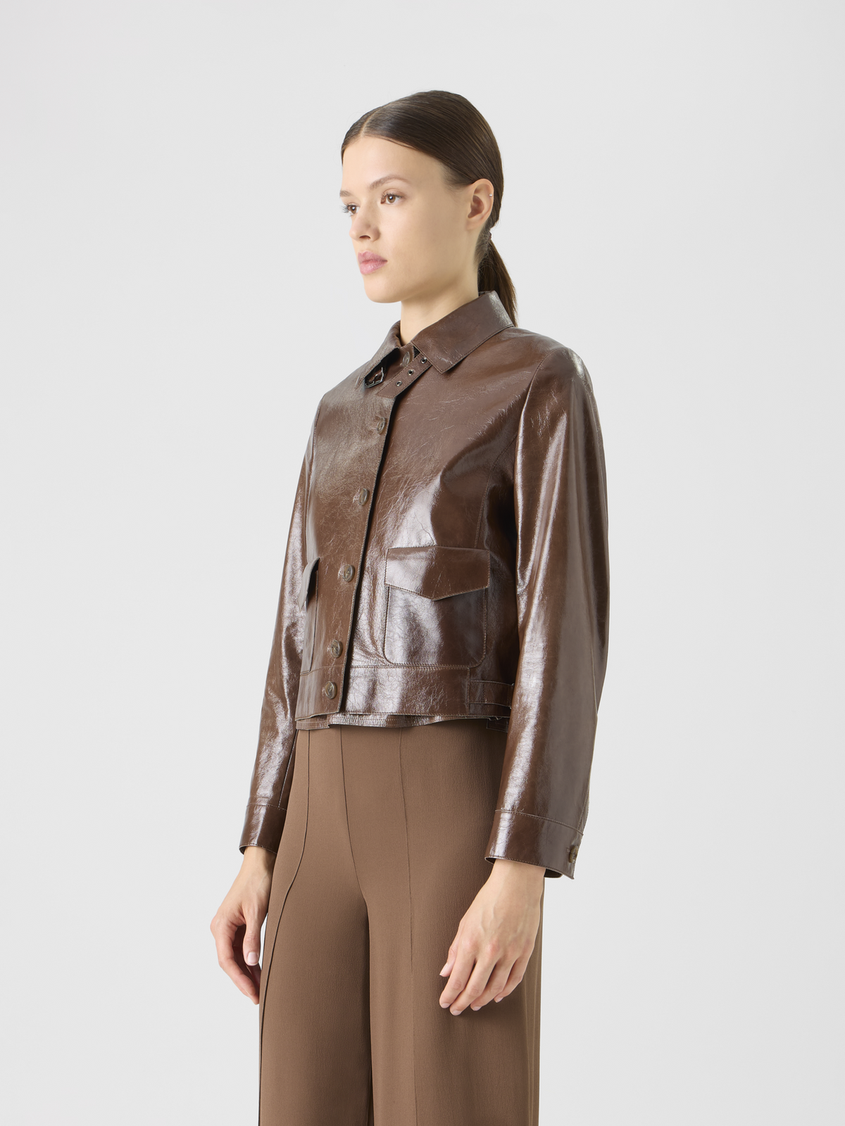 Designer Lacquered Leather Short Jacket - brown #editorial