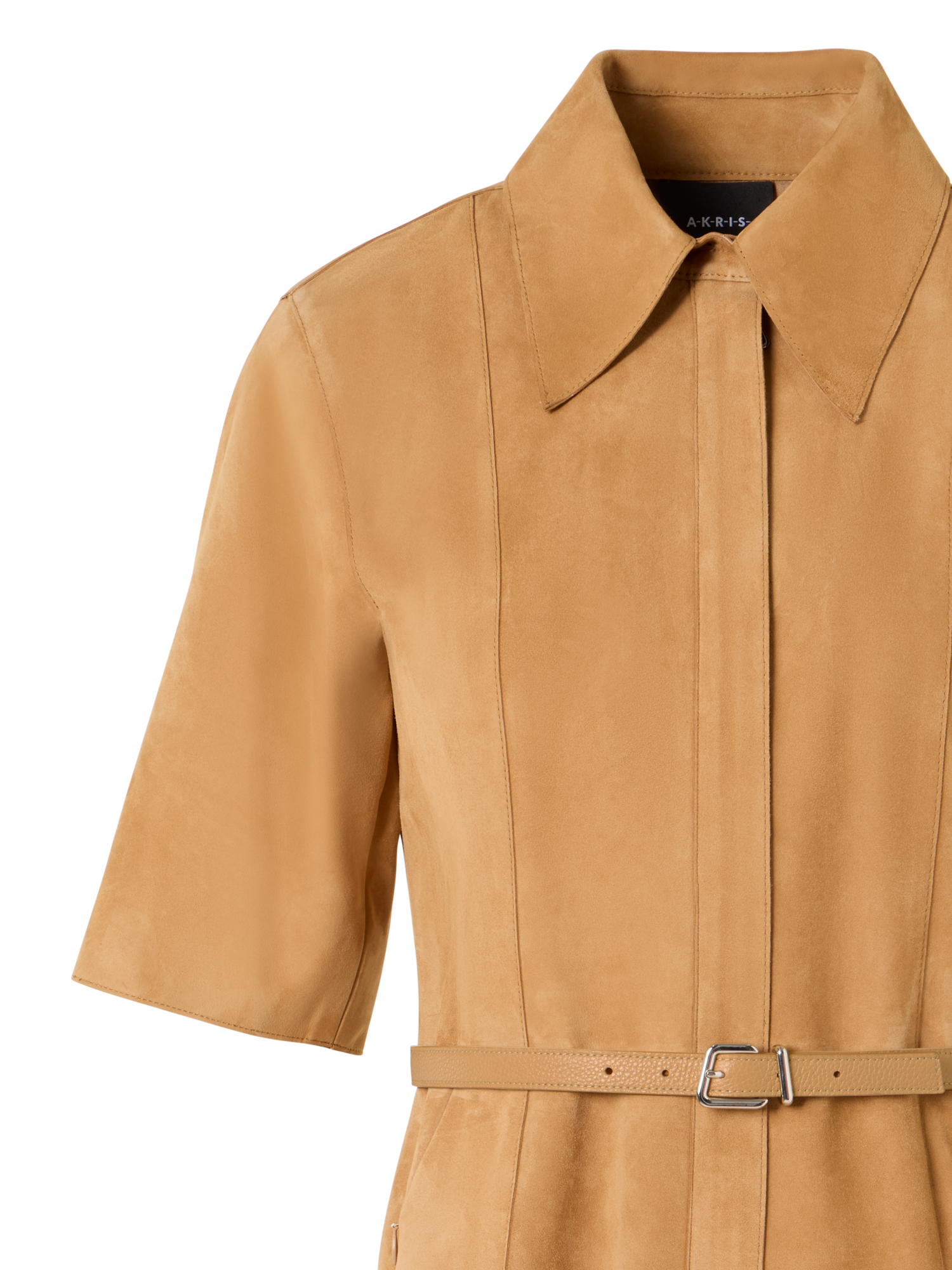 Designer Short-Sleeve Suede Shirt Dress - neutral