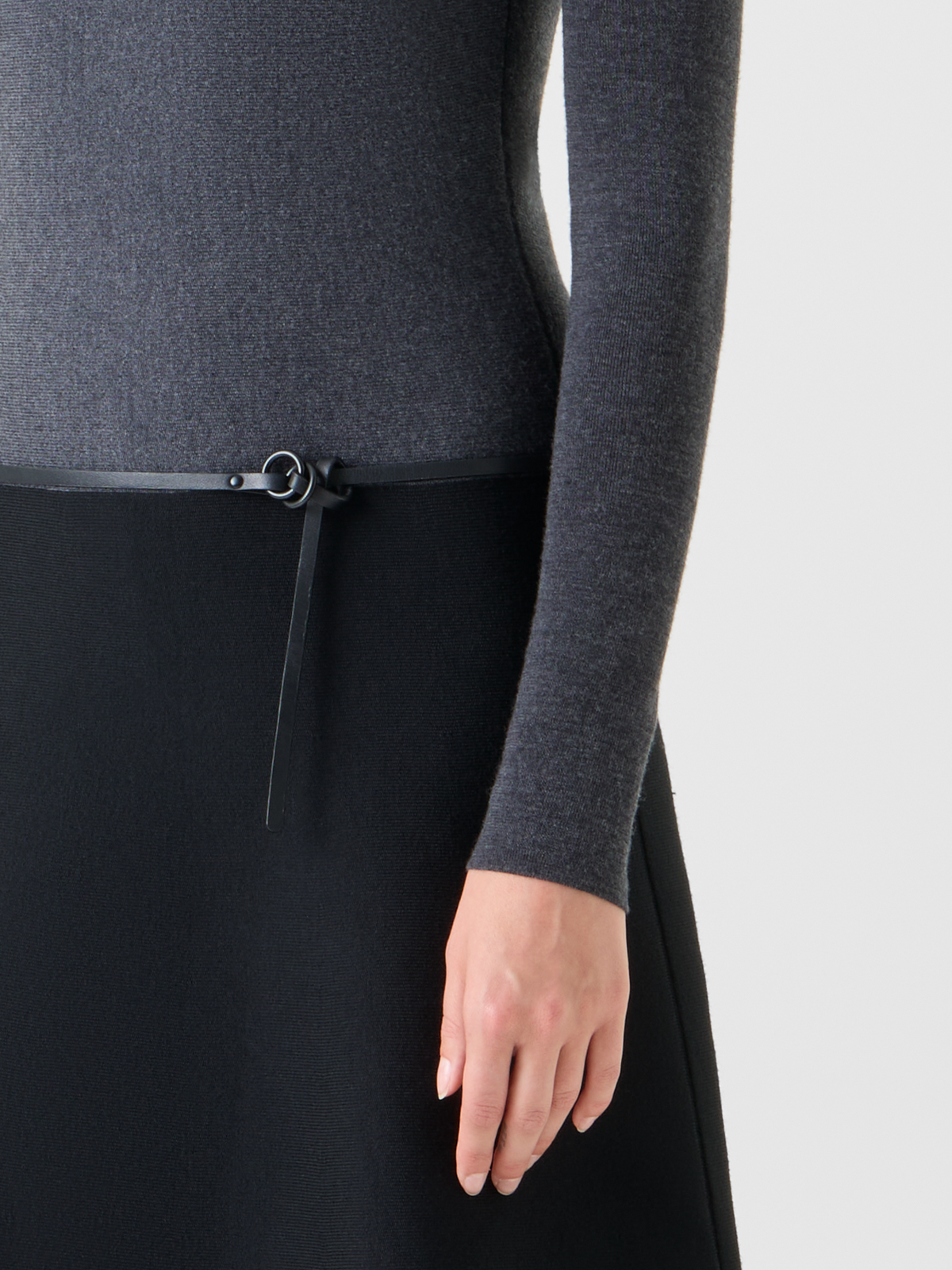 Designer A-Line Belted Milano Knit Mini Dress - black - neutral - grey - multicolor #editorial