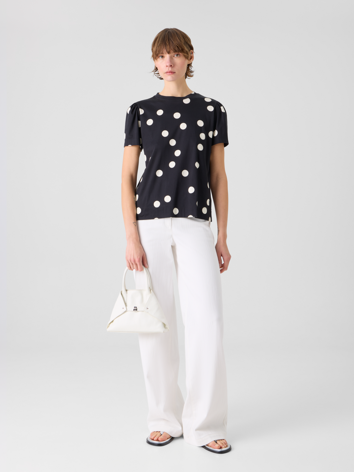 Designer Polka Dot Cotton Jersey T-Shirt with Puff Sleeves - black