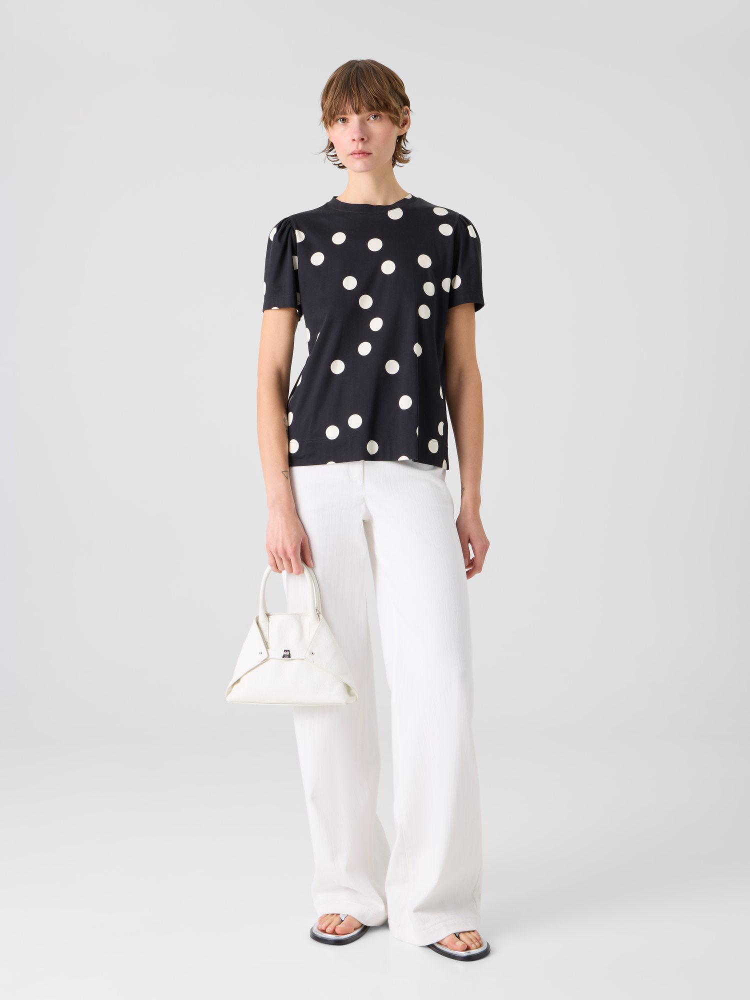 Designer Polka Dot Cotton Jersey T-Shirt with Puff Sleeves - black