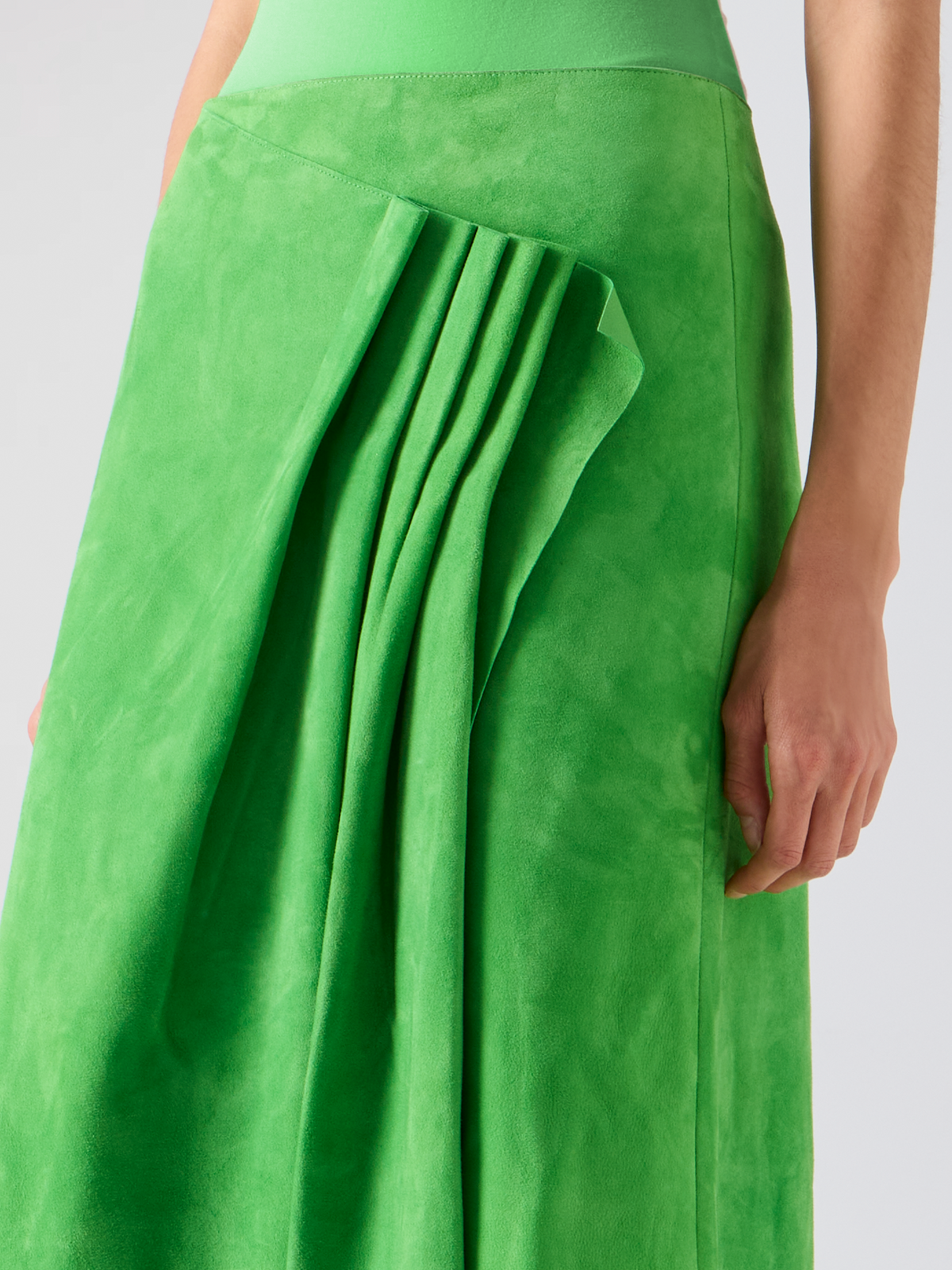 Designer Asymmetrical Skirt with Front Gathering in Suede - green 