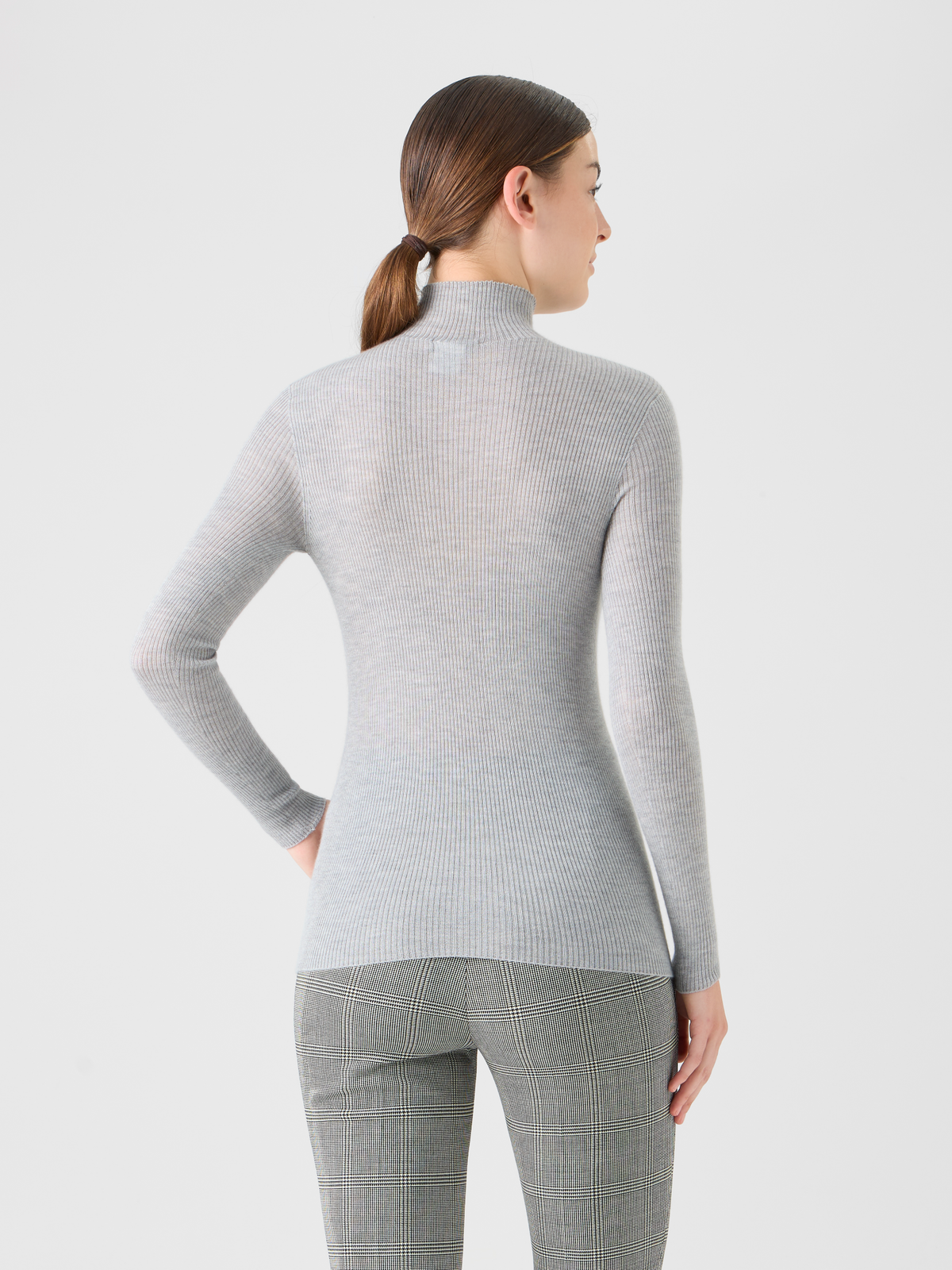 Designer Fine Rib Cashmere Silk Mock Neck Pullover - grey - neutral #editorial