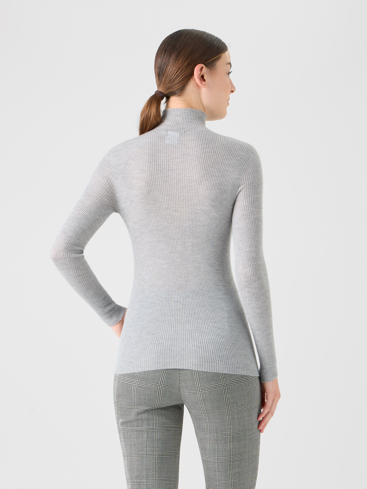 Designer Fine Rib Cashmere Silk Mock Neck Pullover - grey - neutral 