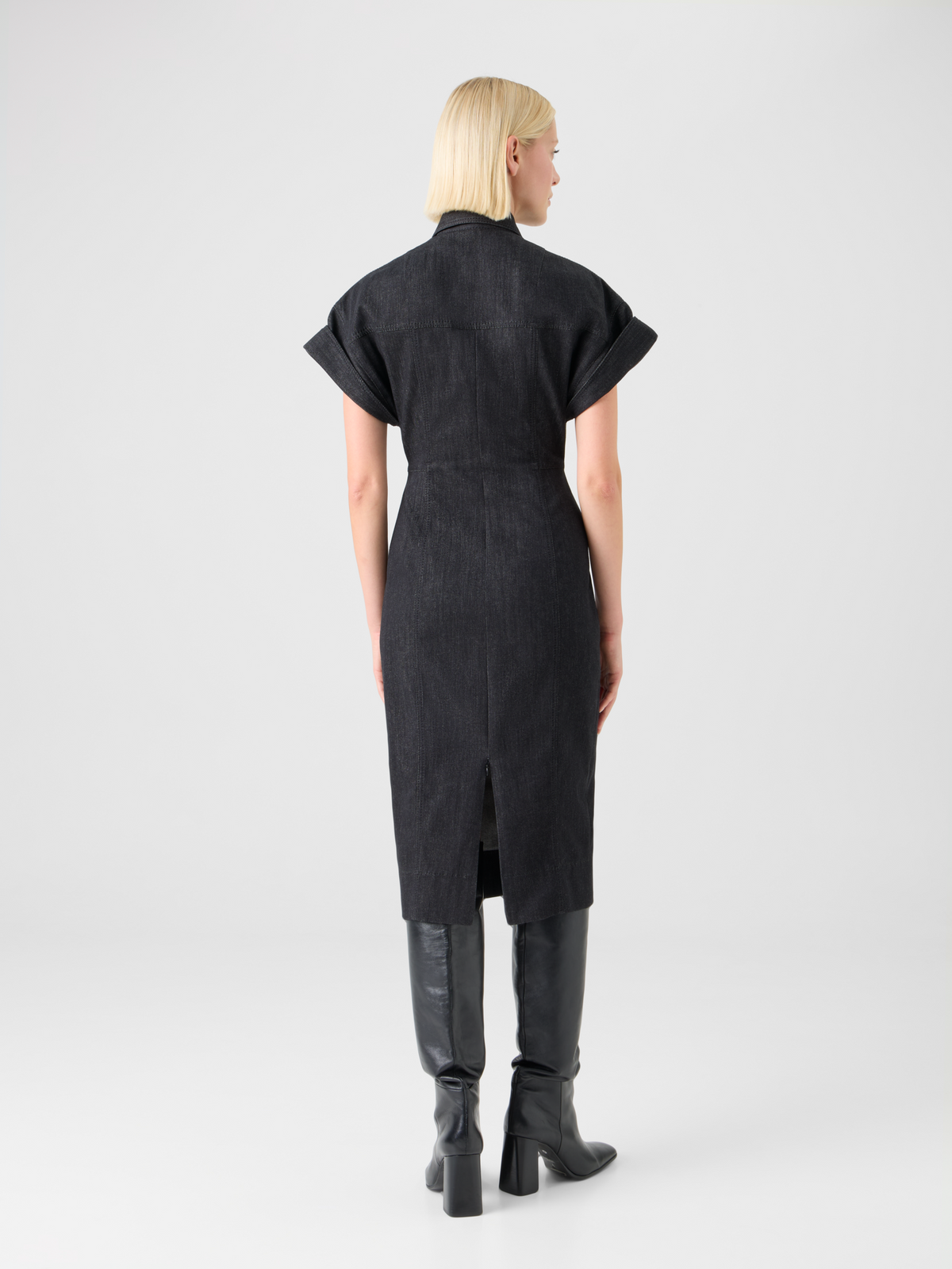Designer Fitted Cotton Stretch Denim Dress - black #editorial
