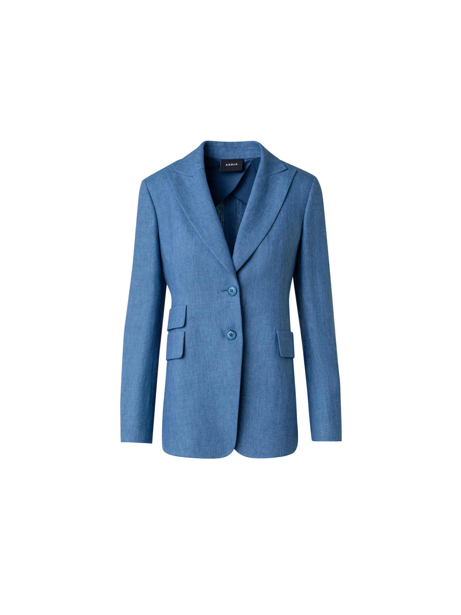 Designer Long Linen Gabardine Jacket with Peak Lapel - blue