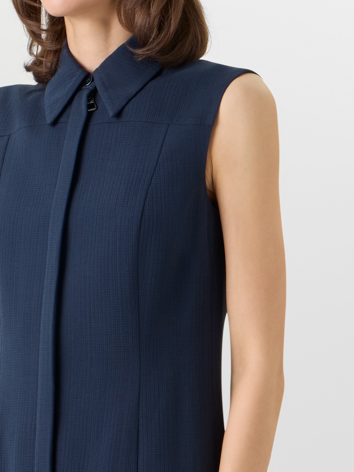Designer Sleeveless Structured Cotton-Silk Double-Face Midi Shirt Dress - blue 