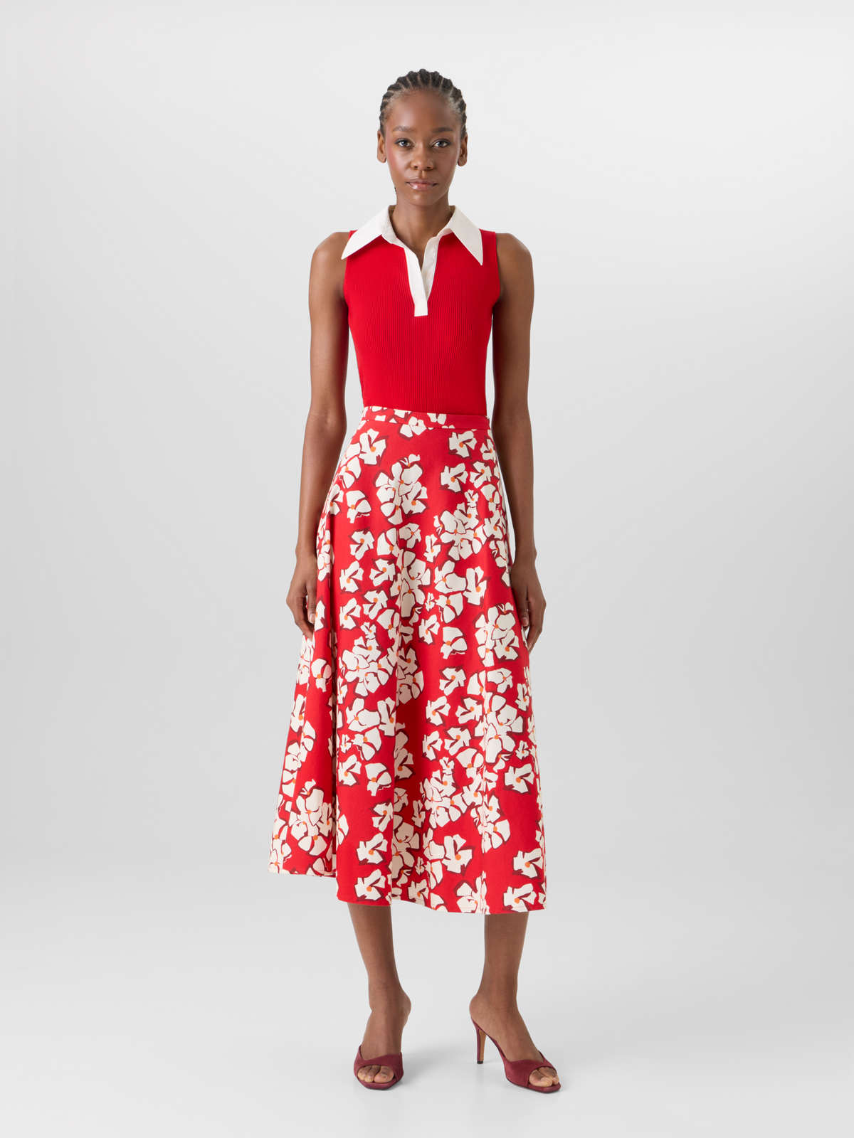 Designer Flared Papercut Flower Midi Skirt - red #editorial