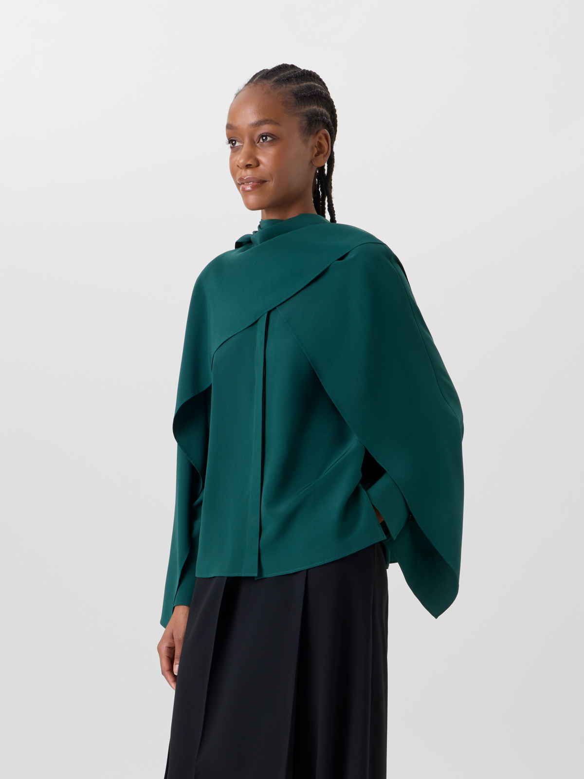 Designer Silk Crêpe Blouse with Flared Panel Sleeves - green #editorial