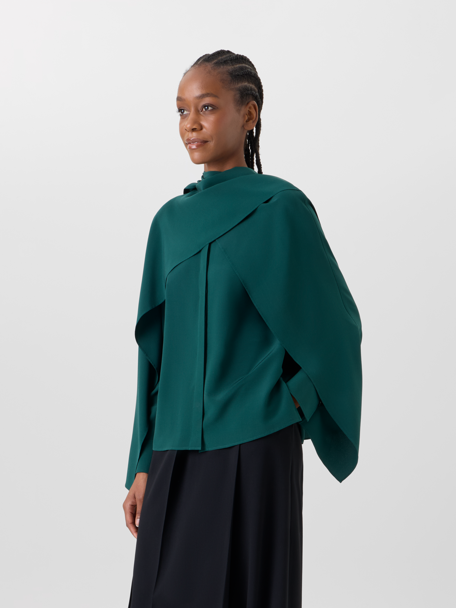 Designer Silk Crêpe Blouse with Flared Panel Sleeves - green 
