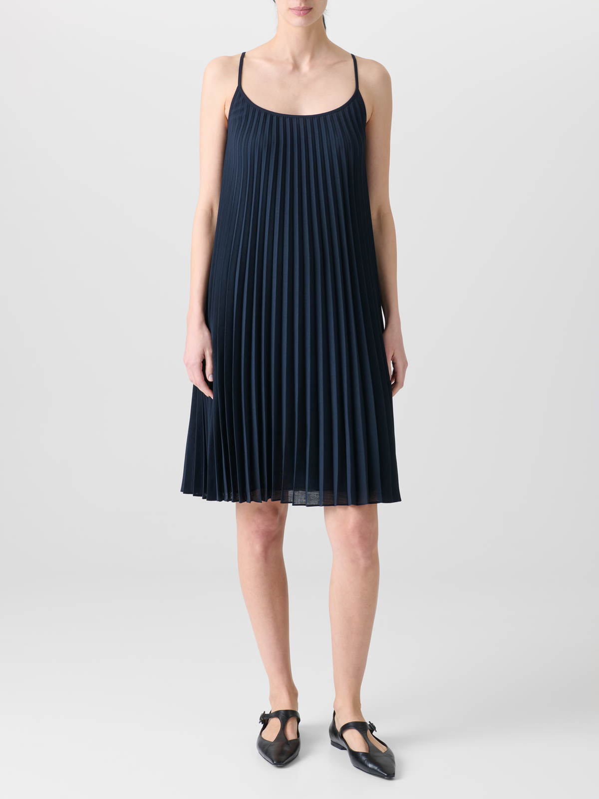 Designer A-Line Plissee Dress in Knee Length - neutral - navy - blue #editorial