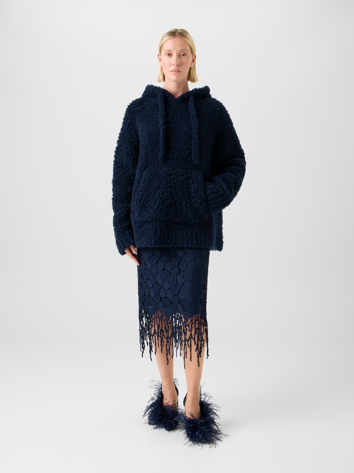 Designer Oversized Wool Plush Knit Hoodie - neutral - navy - blue #editorial