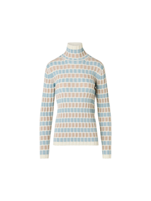 Designer Merino Wool Ribbed Sweater with Check Intarsia - multicolor