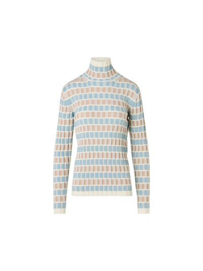 Designer Merino Wool Ribbed Sweater with Check Intarsia - multicolor