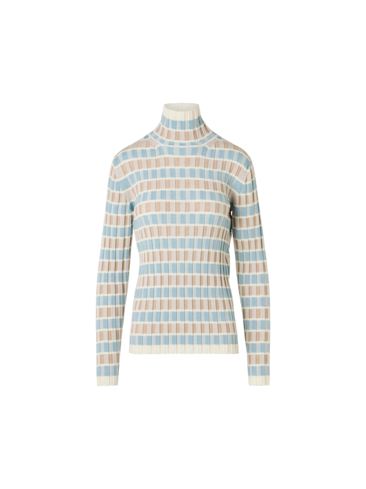Designer Merino Wool Ribbed Sweater with Check Intarsia - multicolor