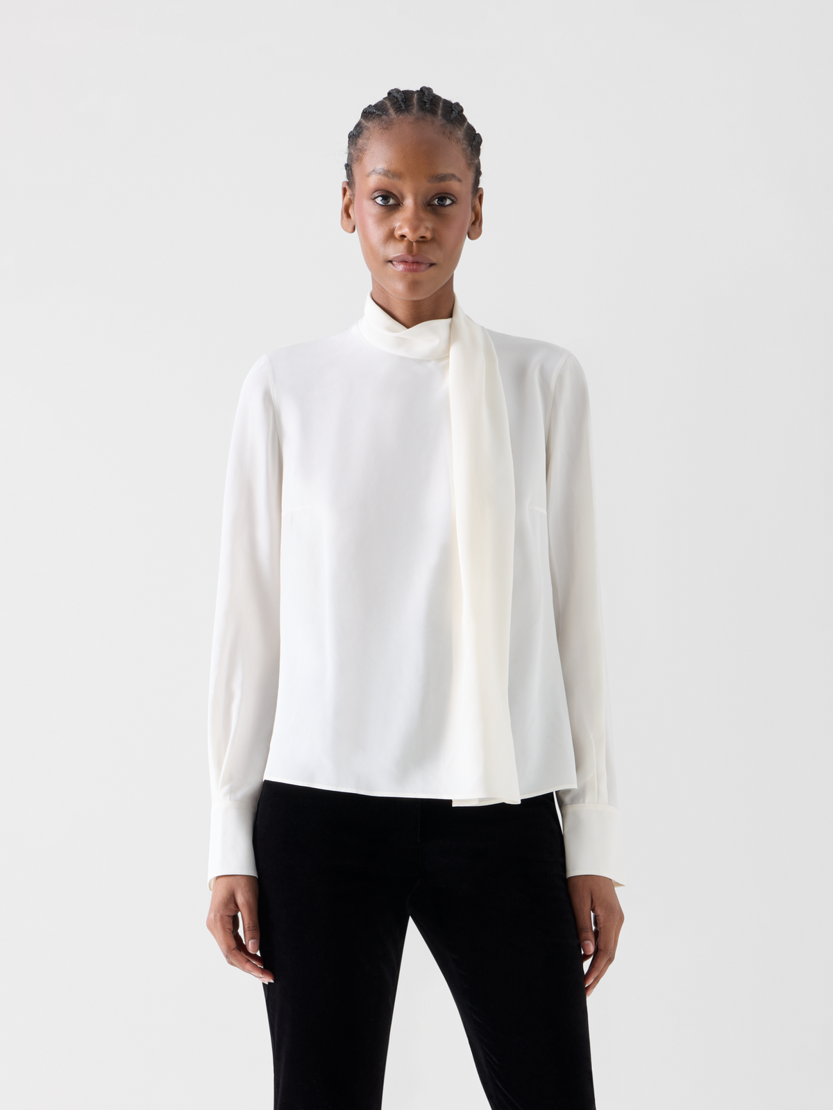 Designer Silk Blouse with Shawl Draping - ecru 