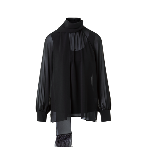 Sheer Silk Tie Neck Blouse with Feather Trim