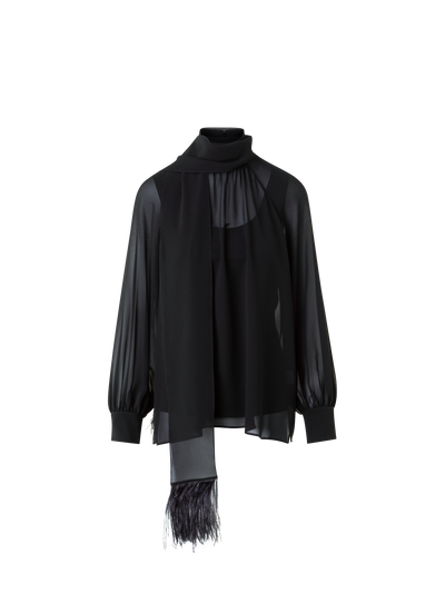 Designer Sheer Silk Tie Neck Blouse with Feather Trim - black - neutral