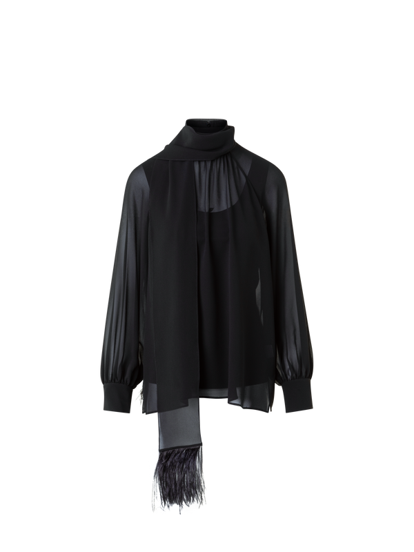 Designer Sheer Silk Tie Neck Blouse with Feather Trim - black - neutral