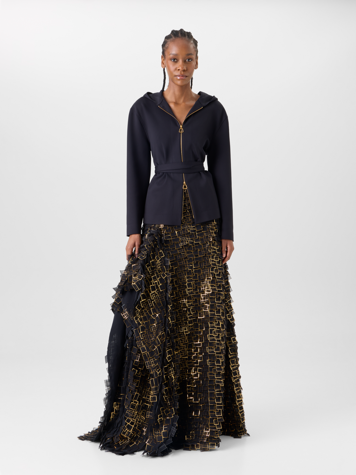 Designer Asymmetrical Maxi Skirt in Golden Frame Organza Tiles - gold - multicolor - black 