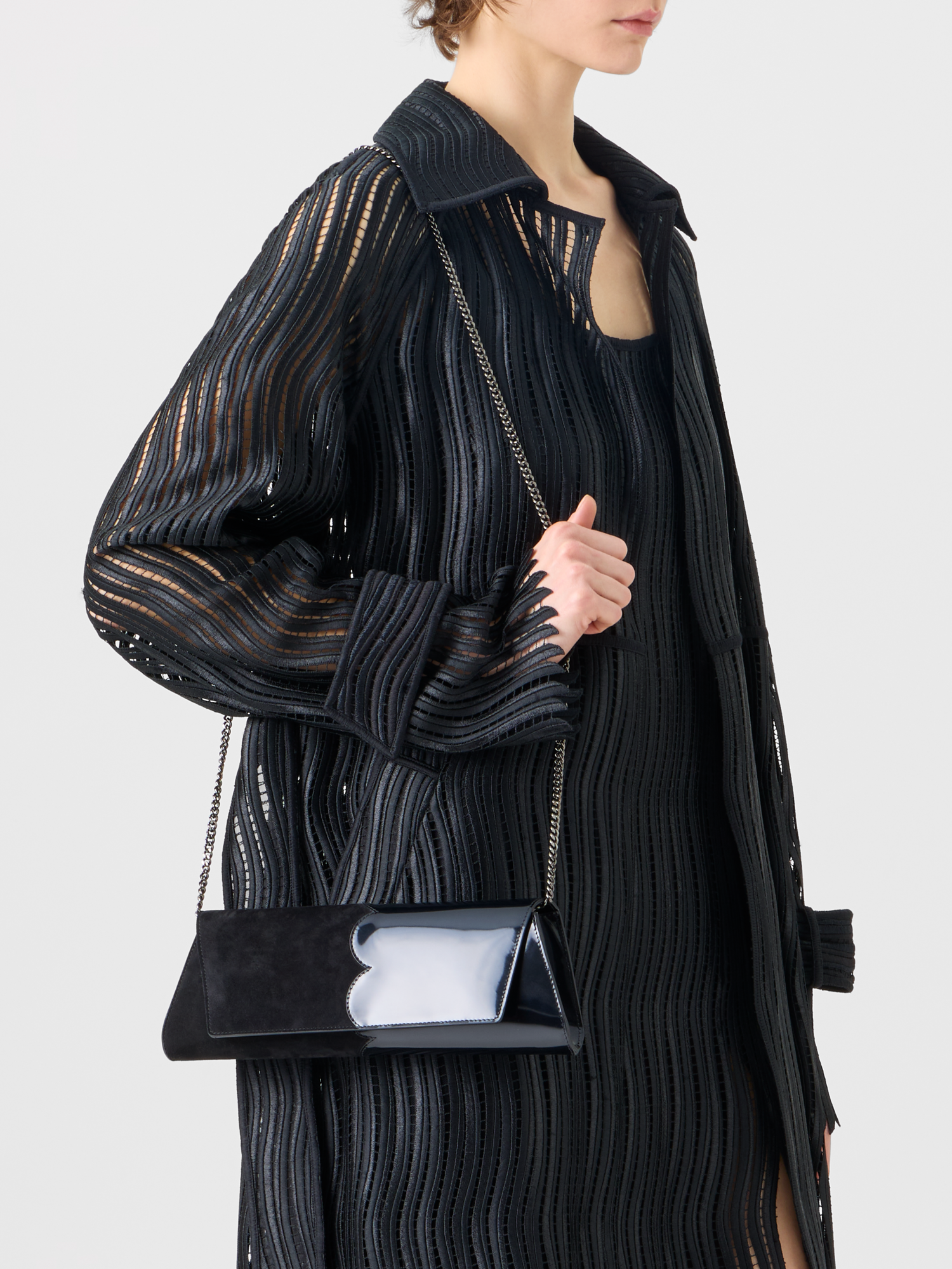 Designer Estelle Long Coat in Wave Guipure - black