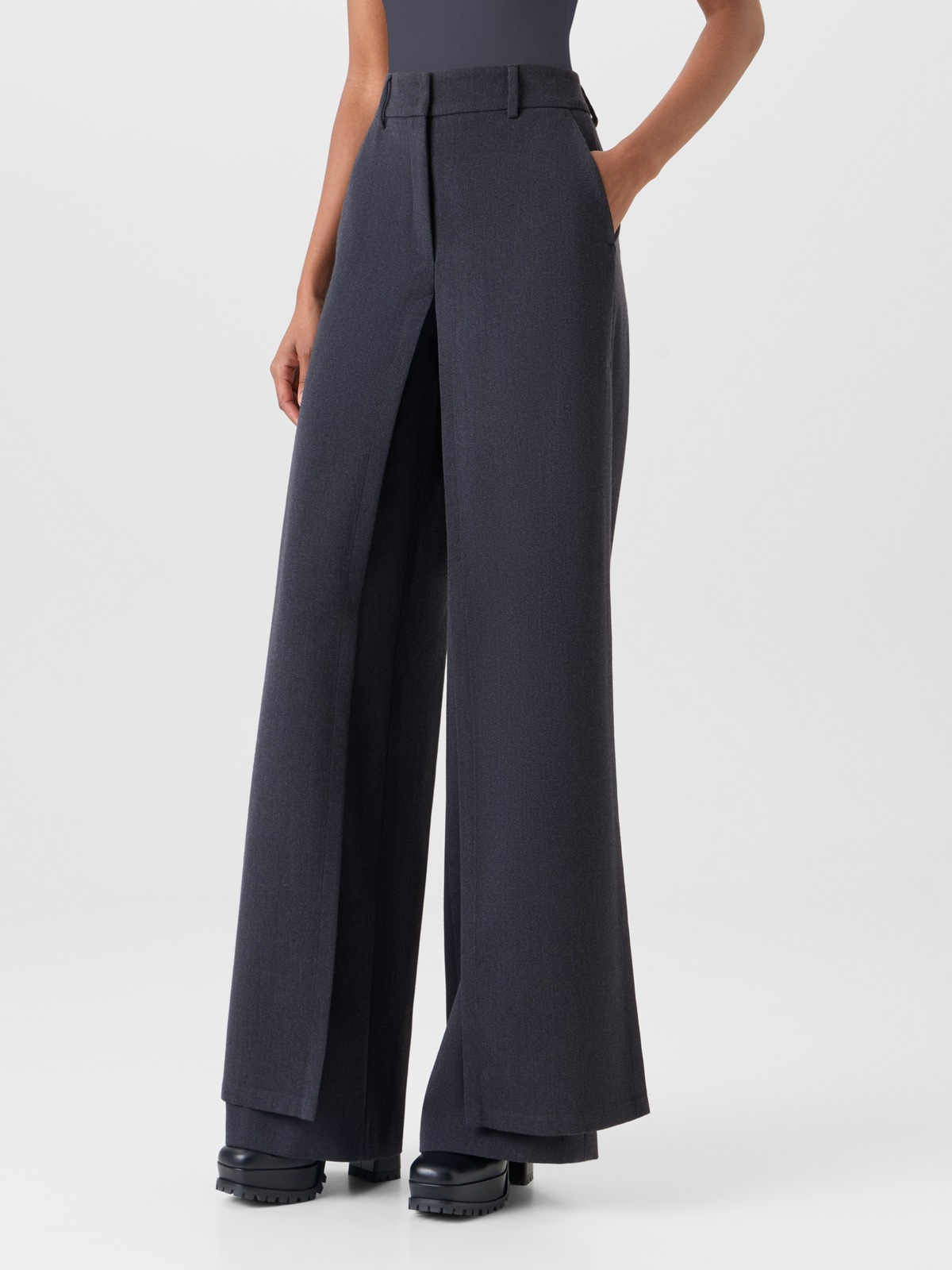 Designer Wide Wool Gabardine Pants with Front Overlayer - grey #editorial