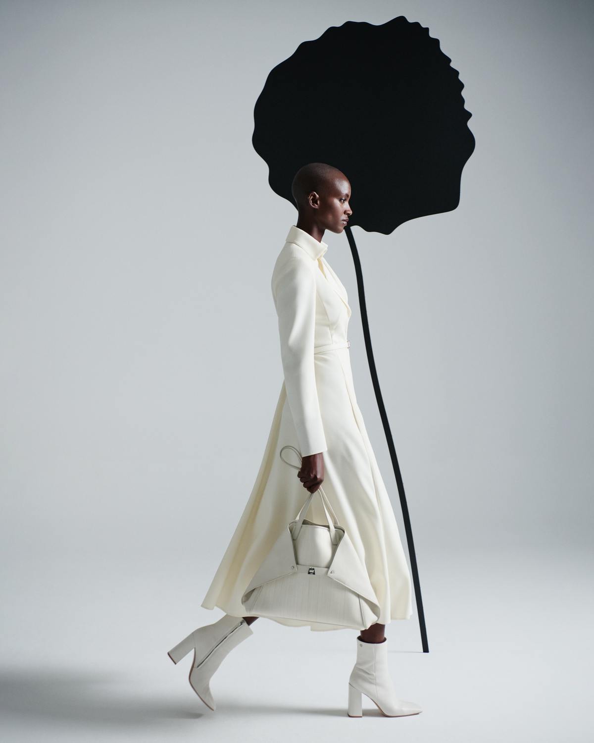 Designer Belted Midi Dress in Wool Double-Face - ecru - white #editorial