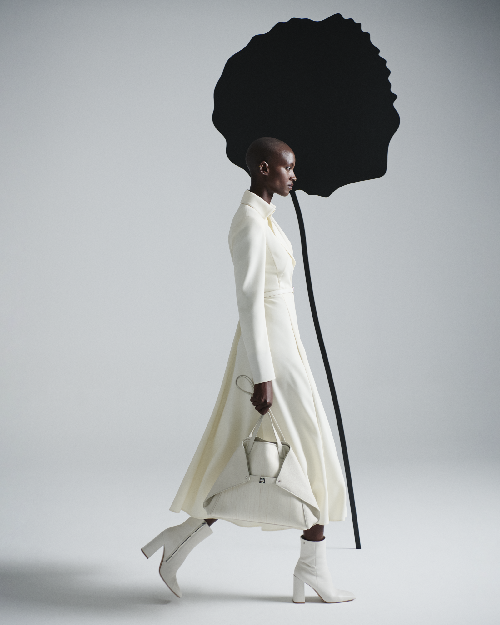 Designer Belted Midi Dress in Wool Double-Face - ecru - white 