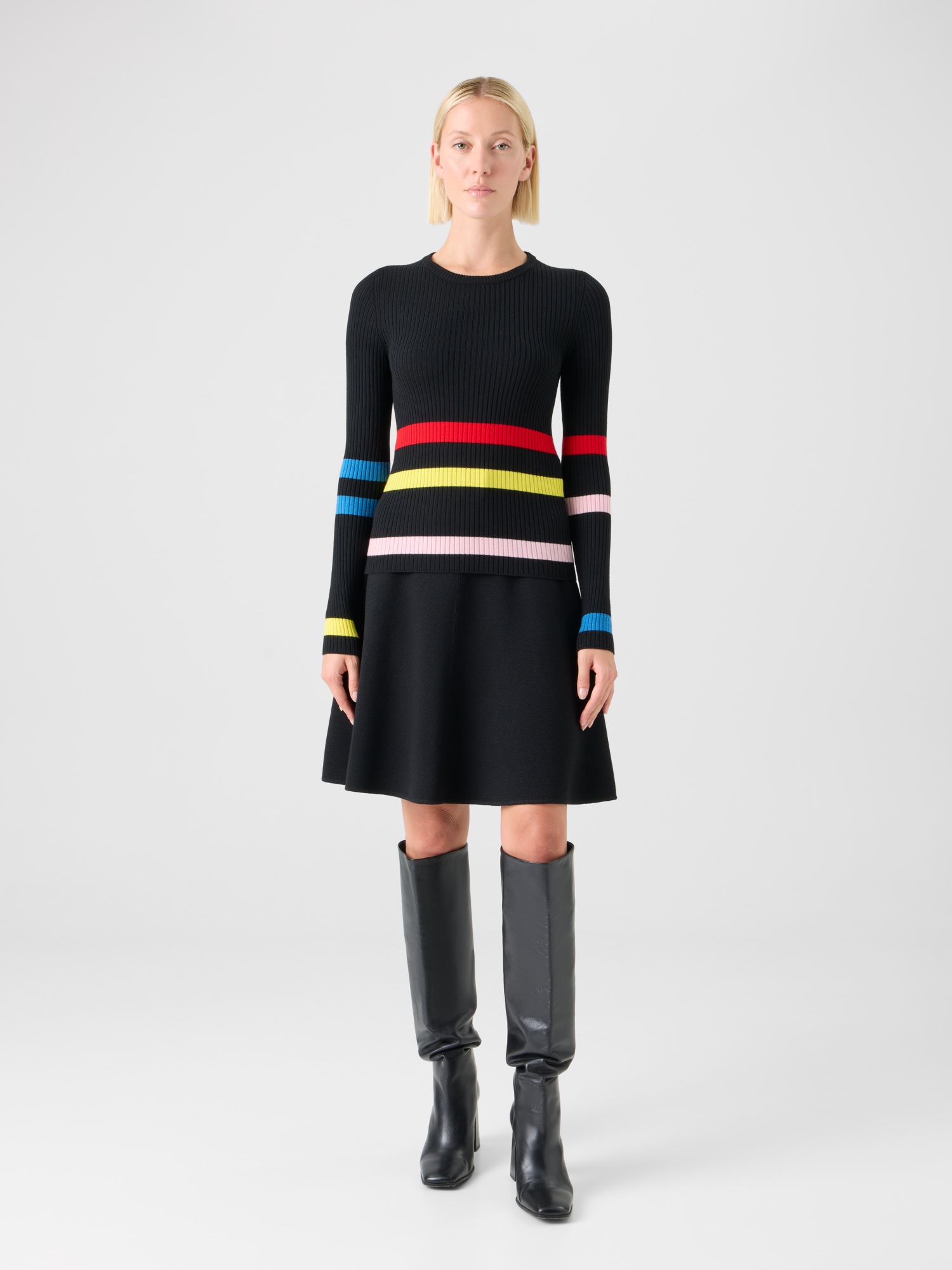 Designer Color-Block Stripe Ribbed Knit Sweater - black 