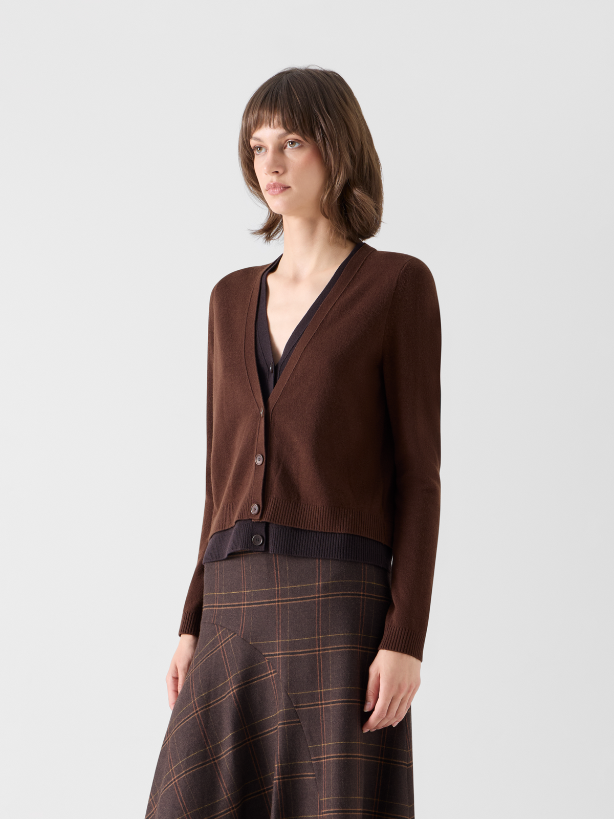 Designer Wool Cashmere Cardigan with V-Neck Trompe l'Oeil - brown #editorial