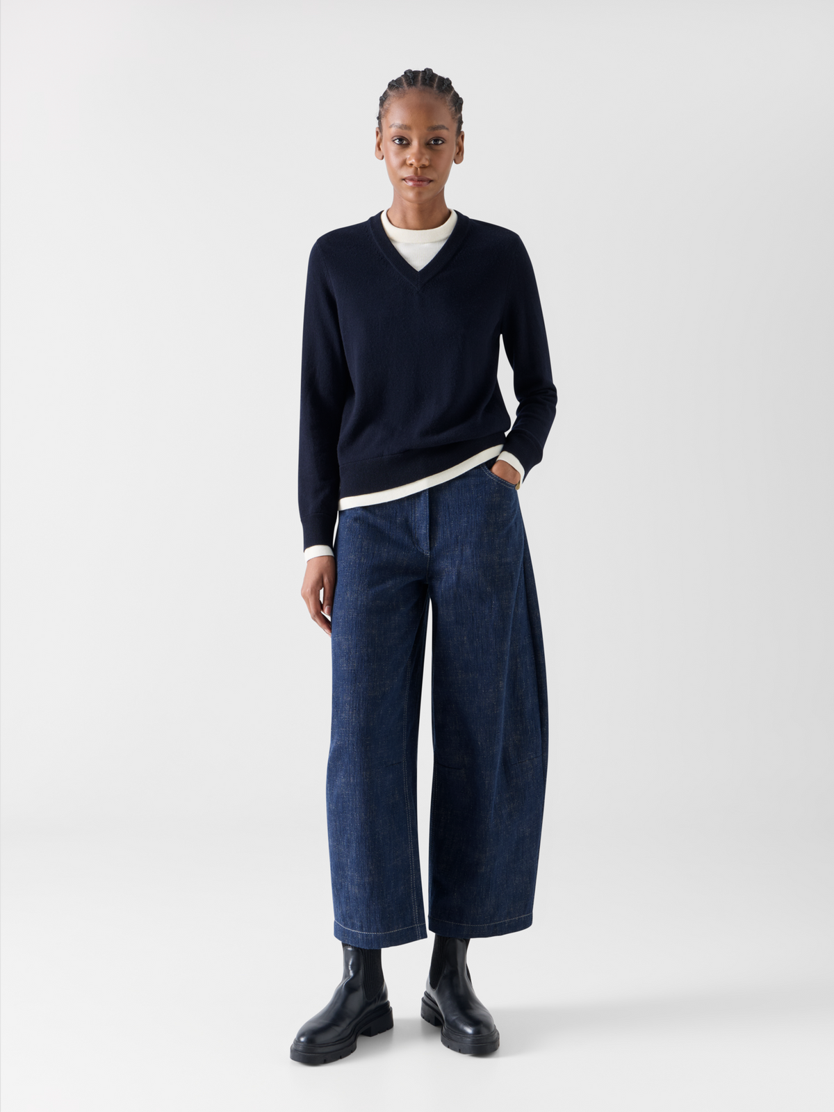 Designer Wool Cashmere Sweater with V-Neck Trompe l'Oeil - navy #editorial