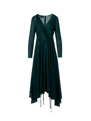 Designer Asymmetrical Silk Georgette Midi Dress - green