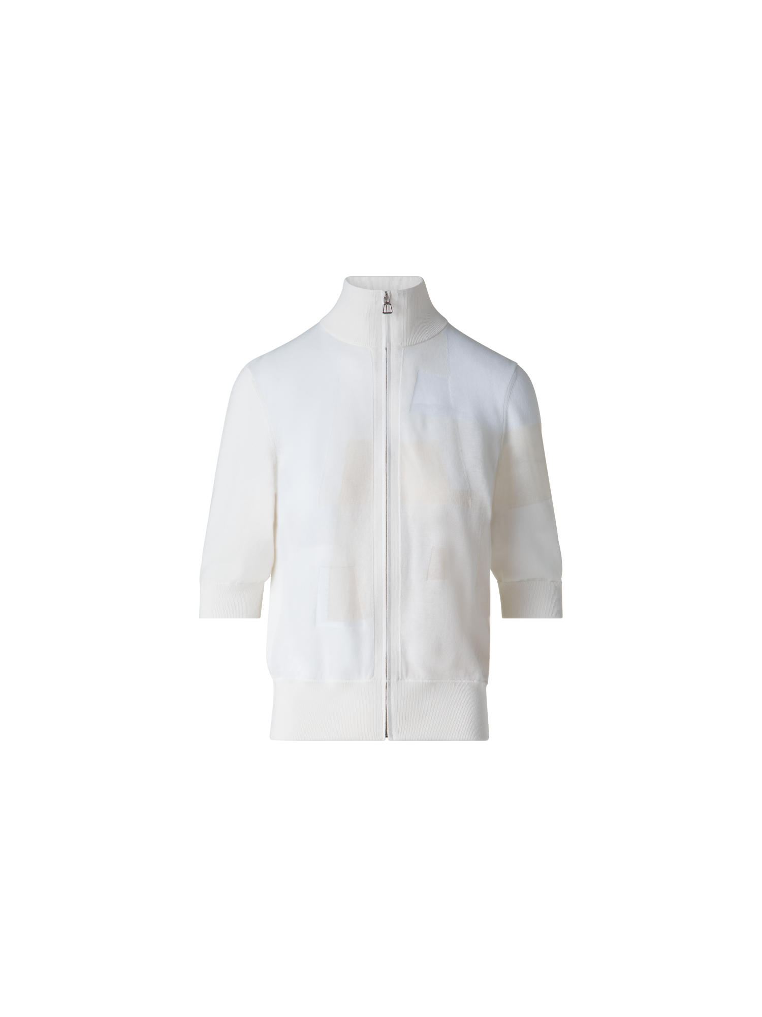 Designer Cotton Knit Cardigan with Trpezoid Jacquard  - ecru - white